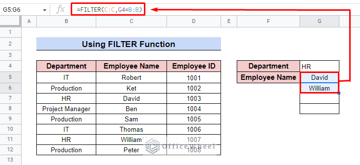 insert filter formula in google sheets