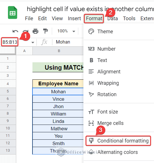 Applying MATCH Function to highlight cell if value exists in another column