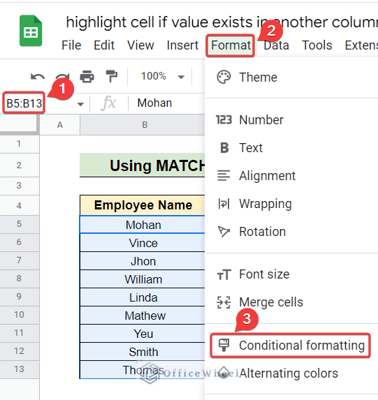 Highlight Cell If Value Exists in Another Column in Google Sheets
