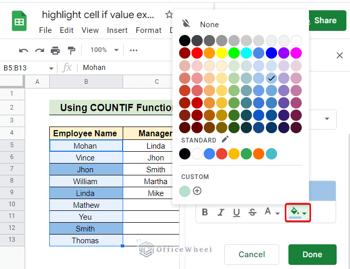 color format to Highlight Cell If Value Exists in Another Column in Google Sheets