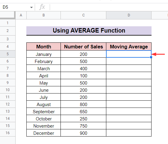Using AVERAGE Function to Calculate Moving Average in Google Sheets