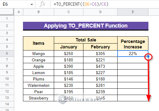 Applying TO_PERCENT Function to find percentage increase in google sheets