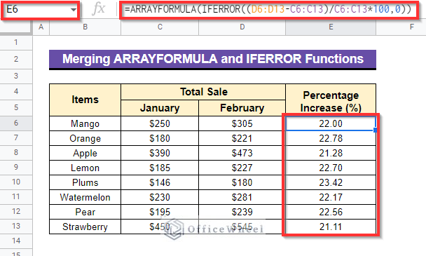 Merging ARRAYFORMULA and IFERROR Functions to calculate percentage increase in google sheets