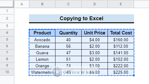 Insert Table in Excel from Google Sheets