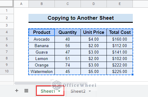 Copy Table to Another Sheet in Google Sheets
