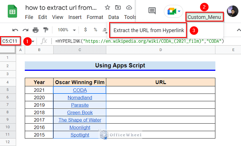 Using Apps Script to Extract URL from Hyperlink in Google Sheets
