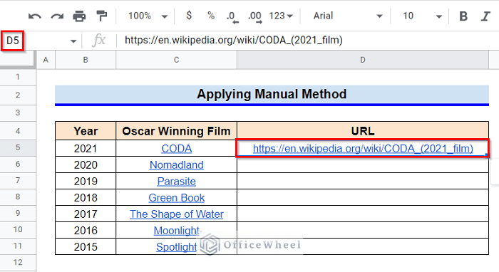 Applying Manual Method to Extract URL from Hyperlink in Google Sheets