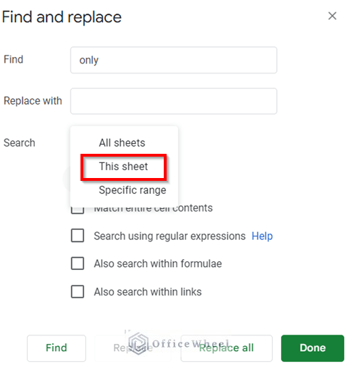 Choose Search Options to find and replace in Google Sheets