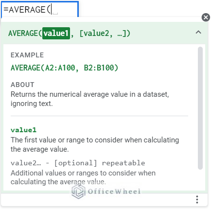 Syntax of average function in google sheets