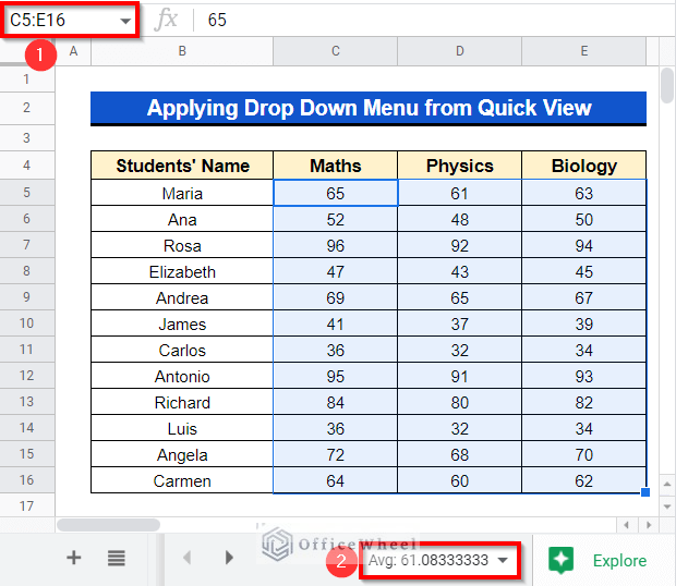 drop down menu for a quick view of average value in google sheets