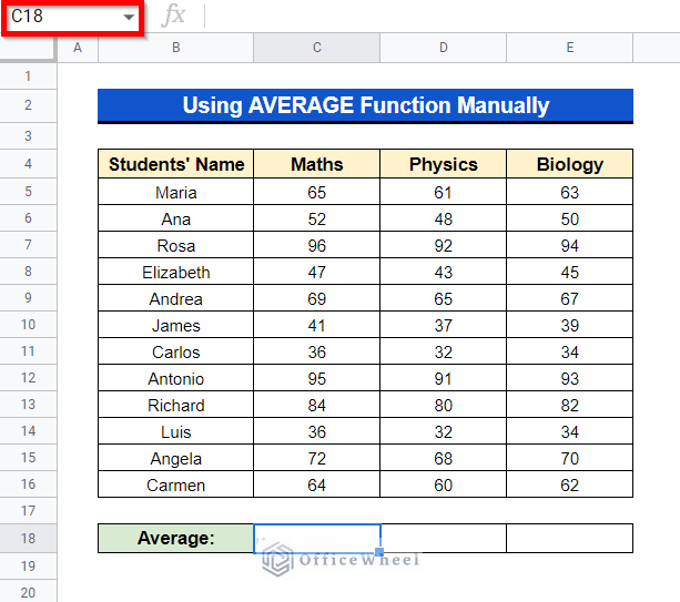 Using AVERAGE Function Manually to calculate average in google sheets