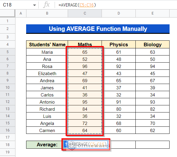 Using AVERAGE Function Manually to calculate average in google sheets