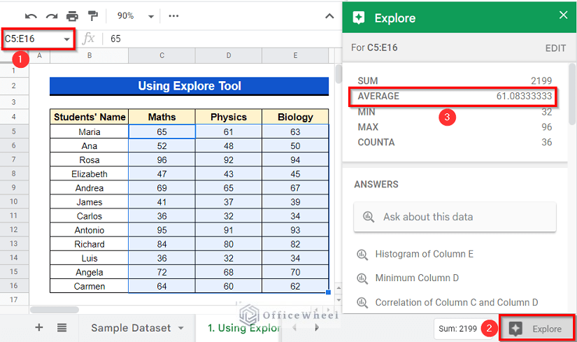 explore tool to measure average in google sheets