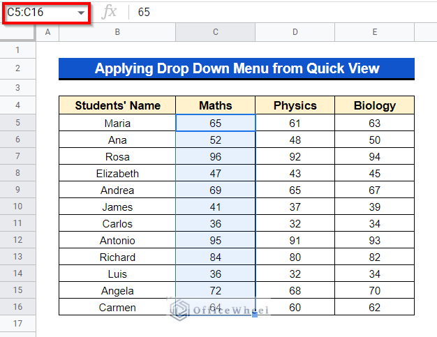 applying drop down menu from quick view to know average of a range of cells in google sheets