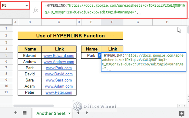 how to hyperlink using HYPERLINK function google sheets in another sheet