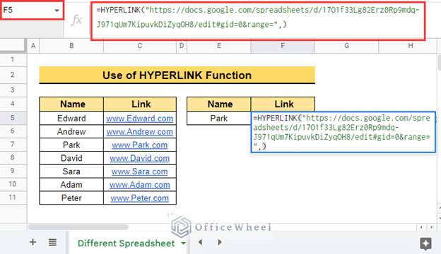 how to hyperlink using HYPERLINK function google sheets in another spreadsheet