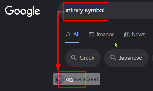 insert of infinity symbol in google sheets applying Google search
