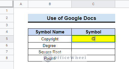 how to insert symbol in google sheets