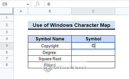 how to insert symbol in google sheets
