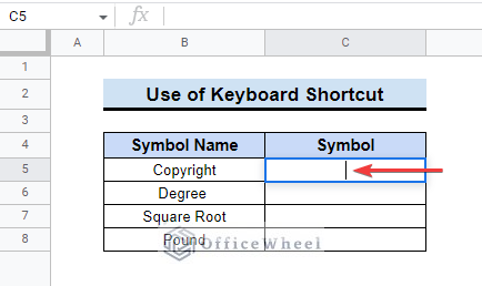 Using Keyboard Shortcut to insert symbol in google sheets