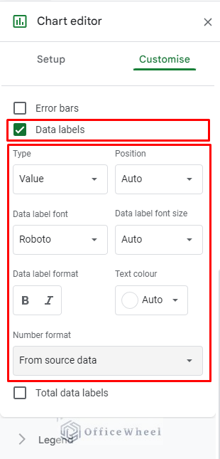 features of data labels in chart editor of google sheets
