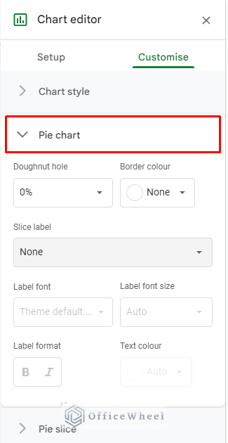 pie chart customise drop down menu