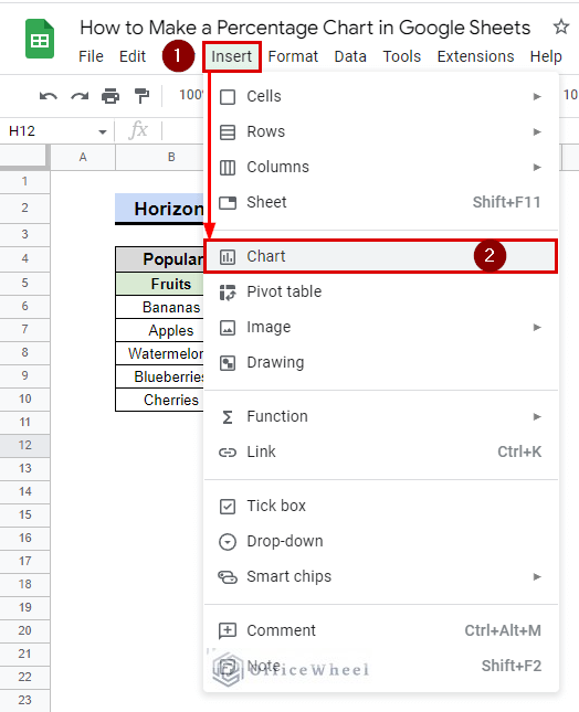 how to navigate to the chart option in google sheets