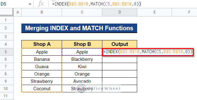 Merging INDEX and MATCH Functions to Match Two Columns in Google Sheets