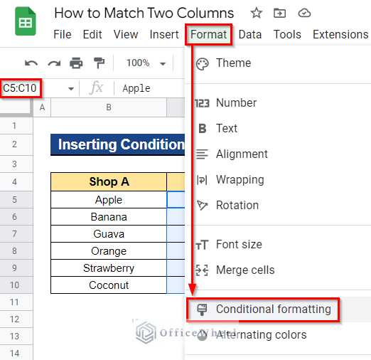 Inserting Conditional Formatting for Entire Column to Match Two Columns in Google Sheets
