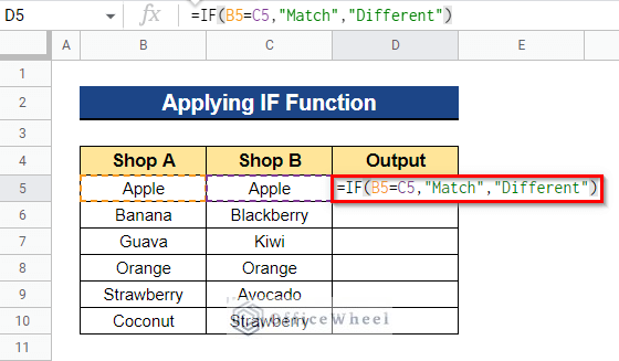 Applying the IF Function to Match between Two Columns in Google Sheets