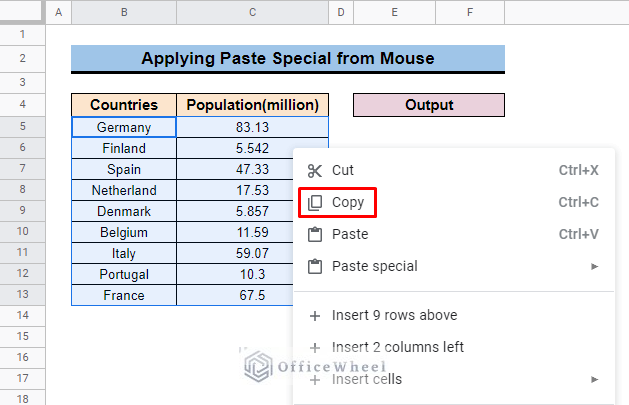 Paste Special for pasting values only in google sheets