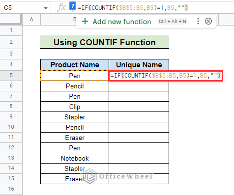 final formula to remove duplicates using countif function without shifting cells in google sheets