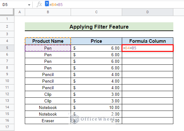 insert formula to remove duplicate with filter in google sheets