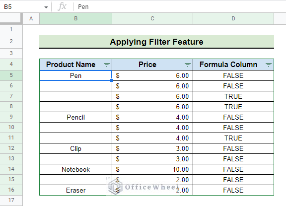 final result after applying filter to remove duplicates in google sheets