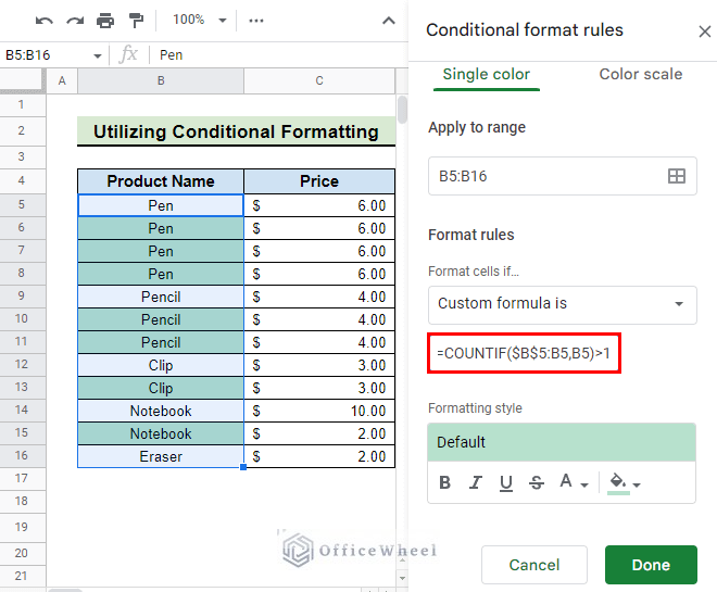 insert custom formula with conditional formatting to remove duplicates without shifting cells in google sheets
