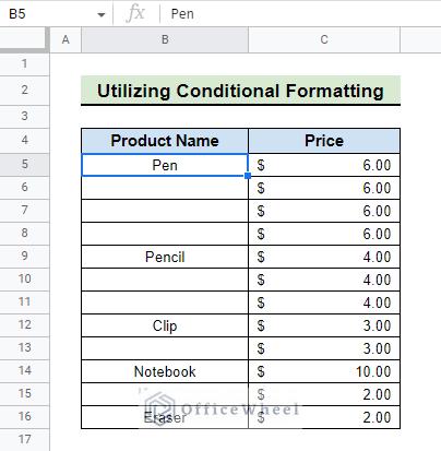 final result after removing duplicate with conditional formatting without shifting cells in google sheets
