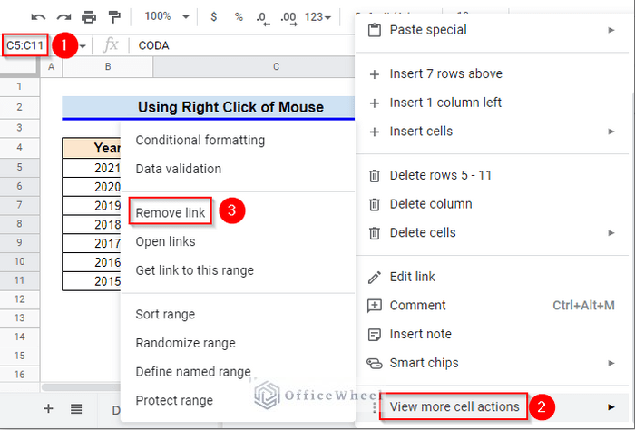 How to use Right click of mouse to Remove Hyperlink in in Google Sheets