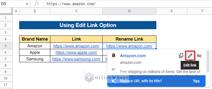 Using Edit Link Option to Rename a Hyperlink in Google Sheets
