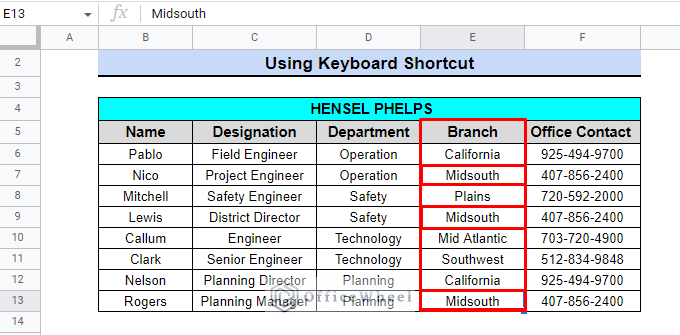 output of using keyboard shortcut in google sheets to perform search and replace