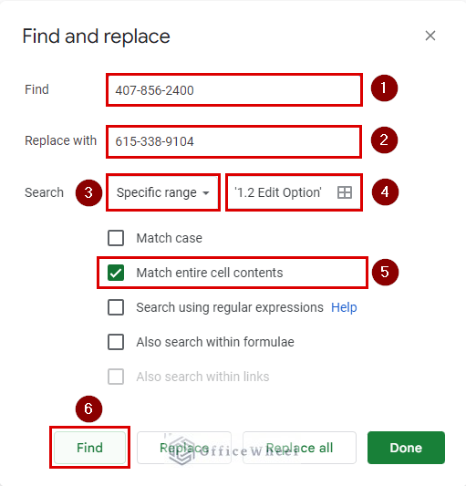 steps to follow to perform search and replace in google sheets