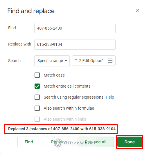 google sheets notification inside find and replace