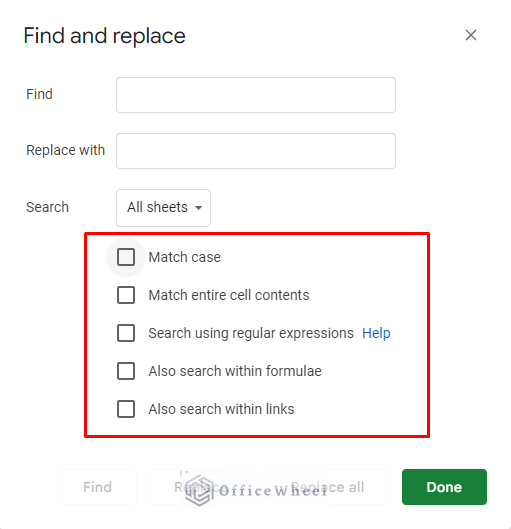 five different match criteria in google sheets find and replace tool