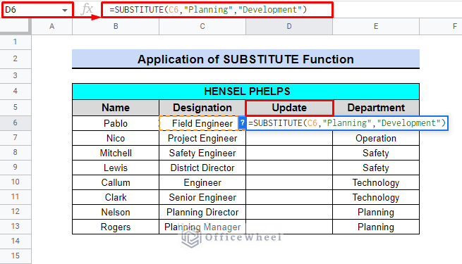 application of substitute function as search and replace
