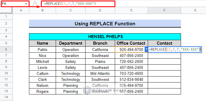 use of replace function in google sheets to perform search and replace