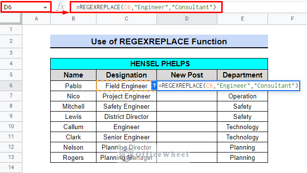 use of regexreplace function in google sheets