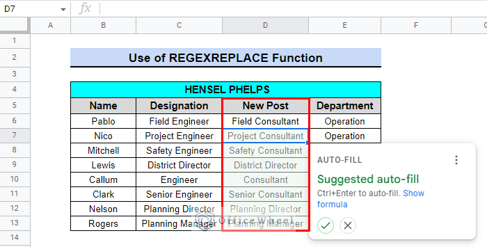autofill after using function to search and replace in google sheets