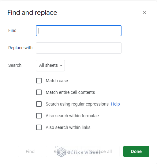 google sheets how to search and replace detailed menu