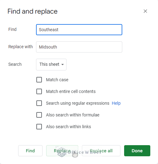how to active replace command in find and replace tool in google sheets