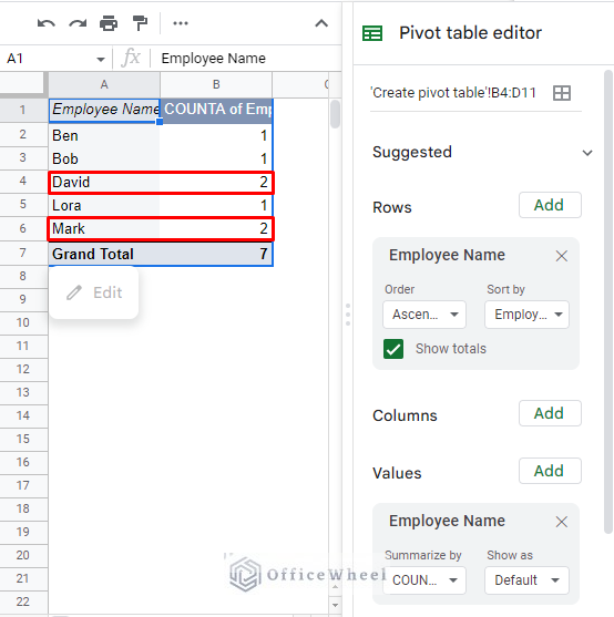 search duplicates by using pivot table