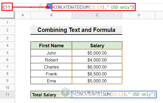 Combining Text and Formula in Google sheets